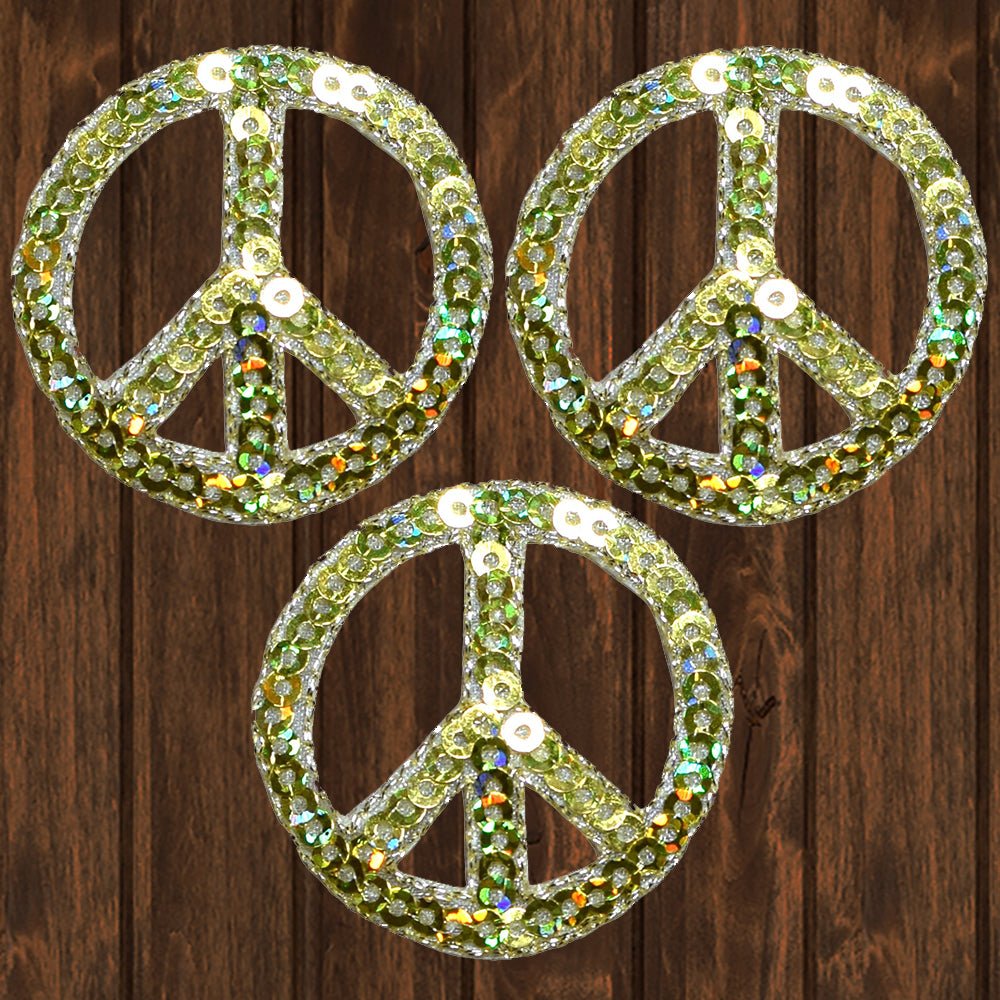 embroidered iron on sew on patch gold sequin peace