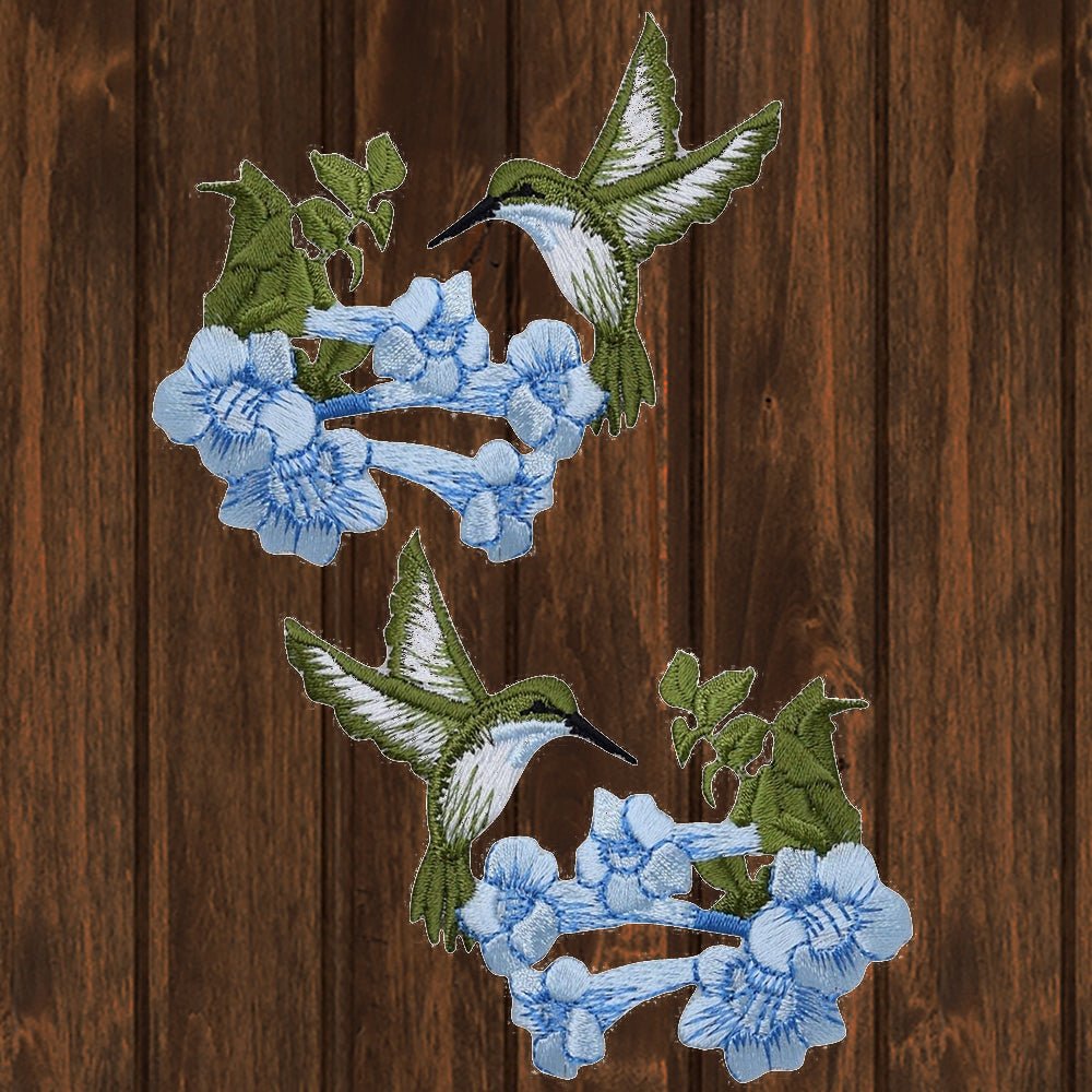 embroidered iron on sew on patch hummingbirds flowers left right blue