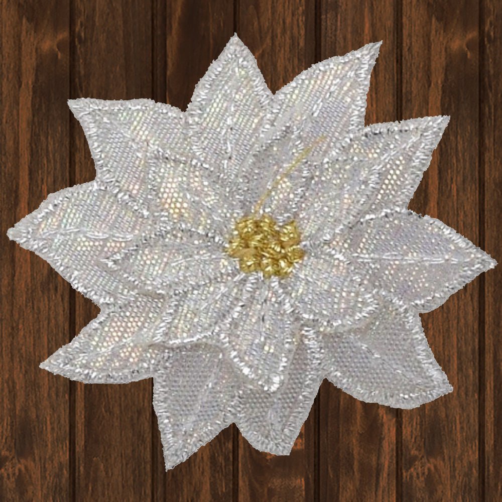 embroidered iron on sew on patch poinsettia white sheer shimmer medium white bg