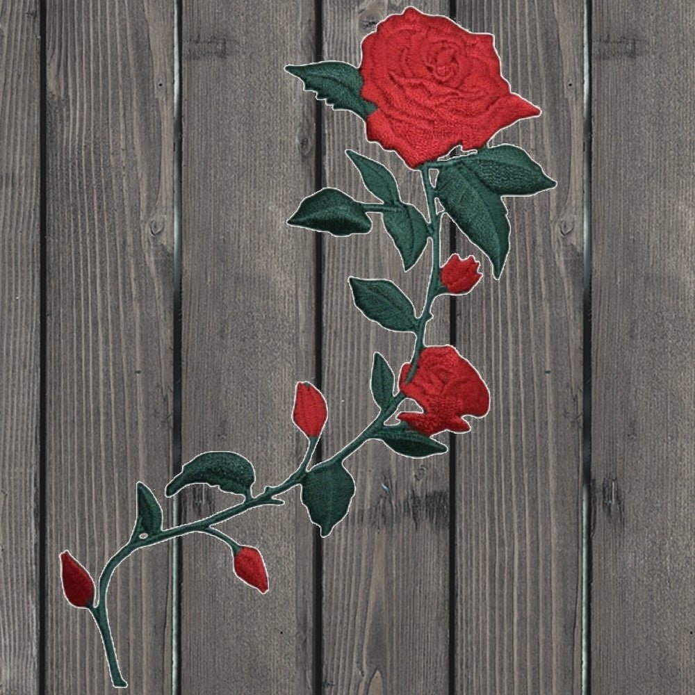 embroidered iron on sew on patch red roses curved stem facing right