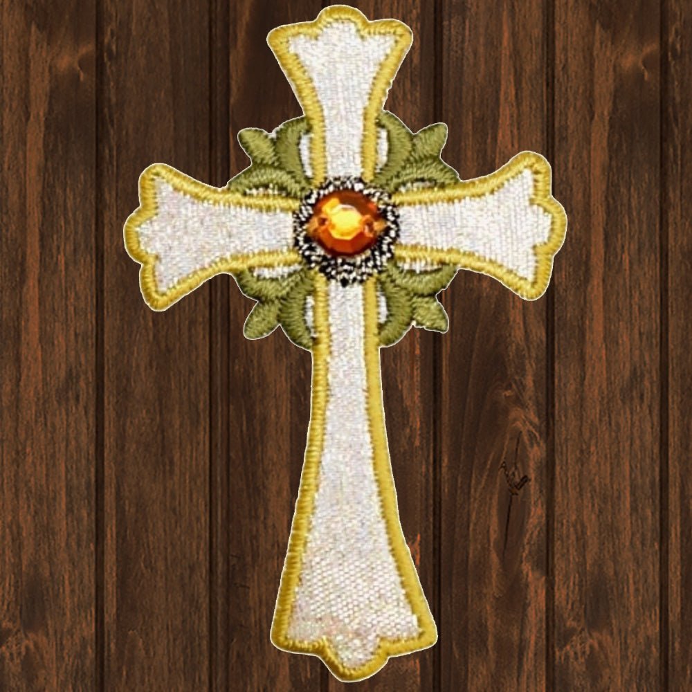 embroidered iron on sew on patch silver and gold religious cross with jewel
