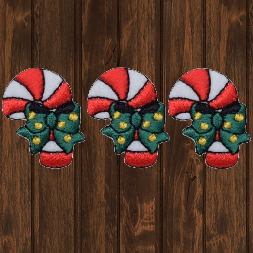 embroidered iron on sew on patch small candy cane green bow