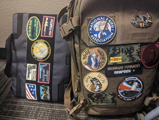Military Patches on backpack and journal