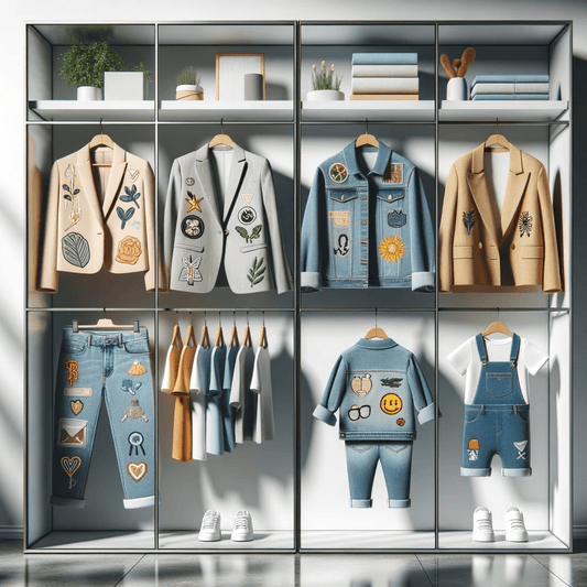 Luxury wardrobe with men, womens and childrens clothing adorned with a wide variety of high quality iron on embroidered patches