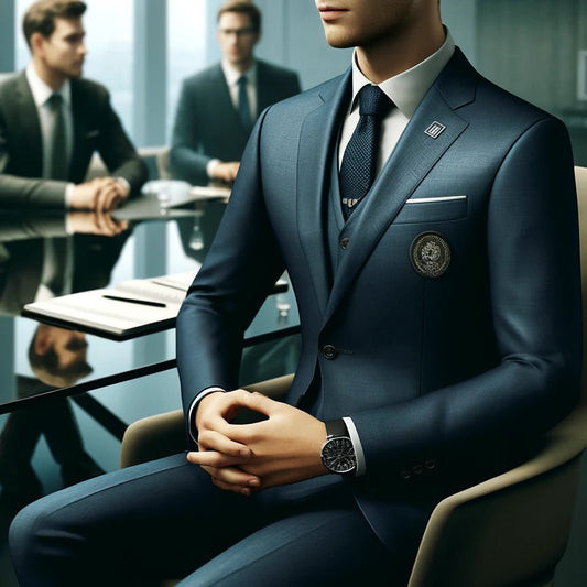A formal suit in a business setting wearing a classy looking patch to add a touch of personality to an otherwise serious appearance 