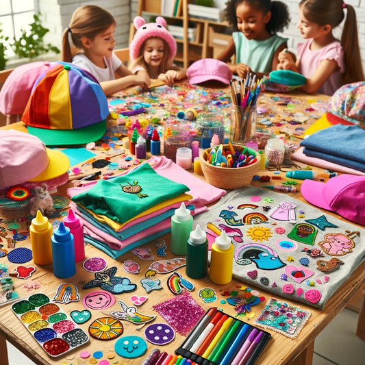 This vibrant and colorful scene captures the lively atmosphere of children engaging in crafting with patches