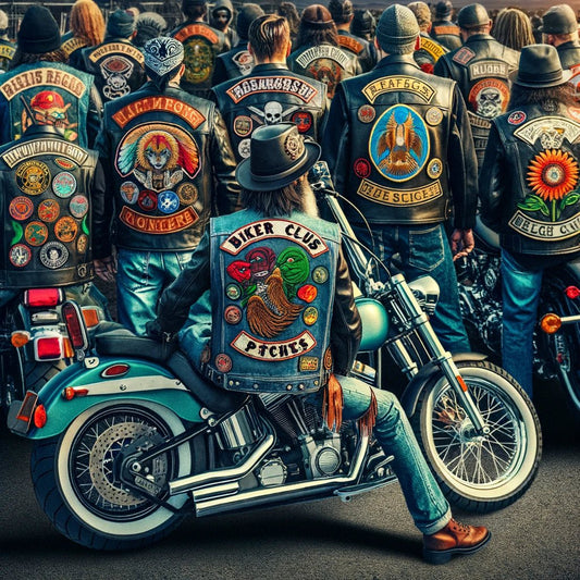 A group of bikers with their backs turned showing off their colorful almighty patches