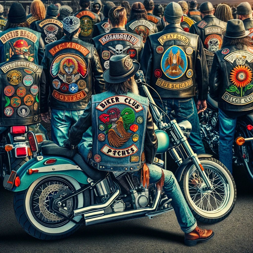 A group of bikers with their backs turned showing off their colorful almighty patches