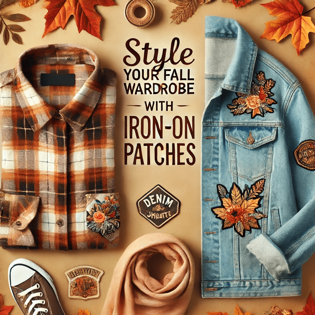 A warm, autumn-themed image featuring a cozy fall outfit laid out flat. The outfit includes a flannel shirt, denim jacket, and a scarf, all adorned with stylish iron-on patches