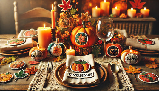 A dinner table during thanksgiving with autumn festivities 