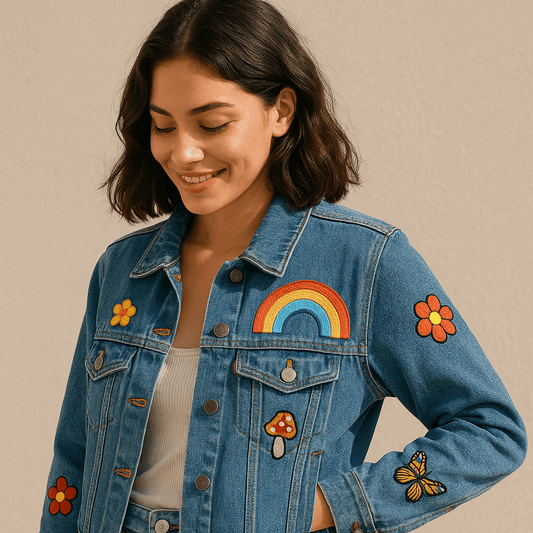 Iron on vs sew on patches on a denim jacket, embroidered patches on the chest and back