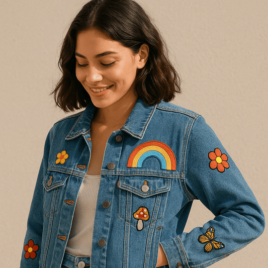 Female Model Wearing a Denim Jacket with Iron on flower patches and Iron on rainbow patches and iron on butterfly and mushroom patches