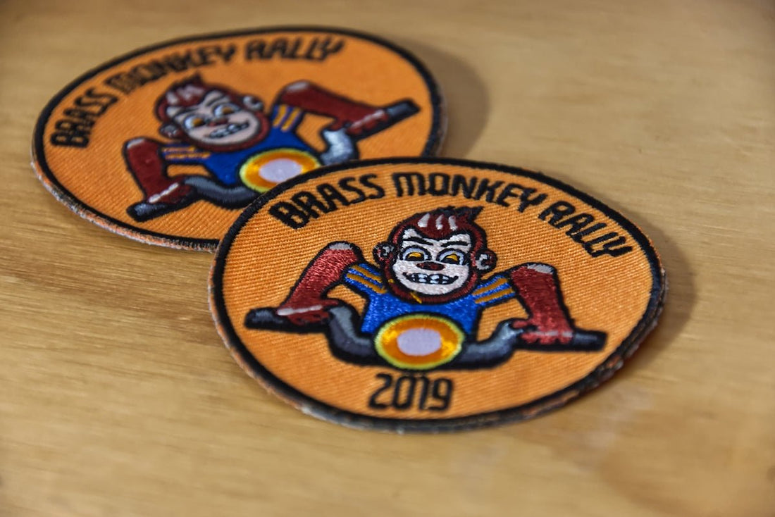 Two brass monkey rally 2019 patches with monkey design.