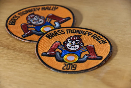 Two brass monkey rally 2019 patches with monkey design.