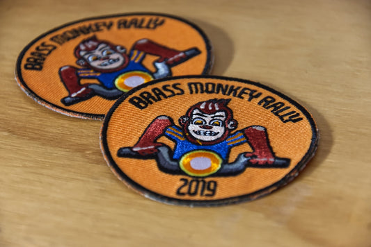 Two brass monkey rally 2019 patches with monkey design.