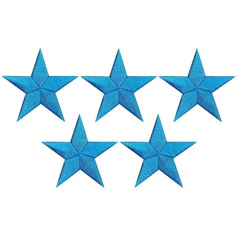 Five turquoise embroidered star patches, each 1.5 inches.