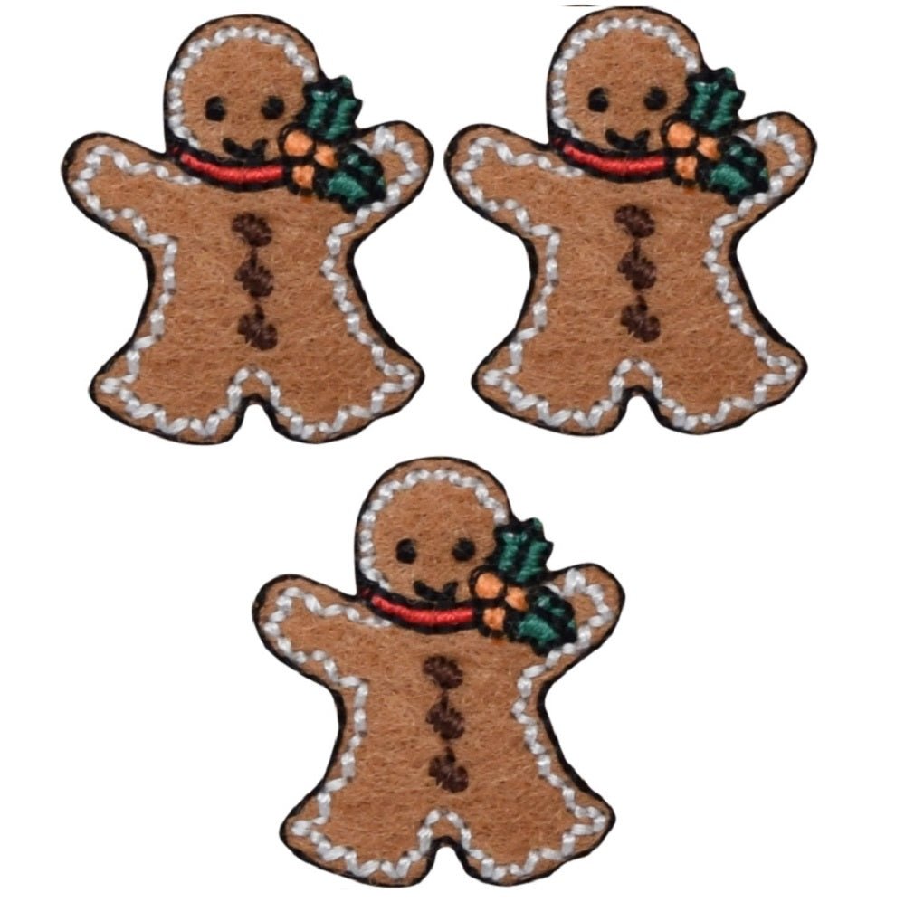 Gingerbread Man & Holly Embroidered Christmas Patch — 3-Pack — Iron On 1-1/8"