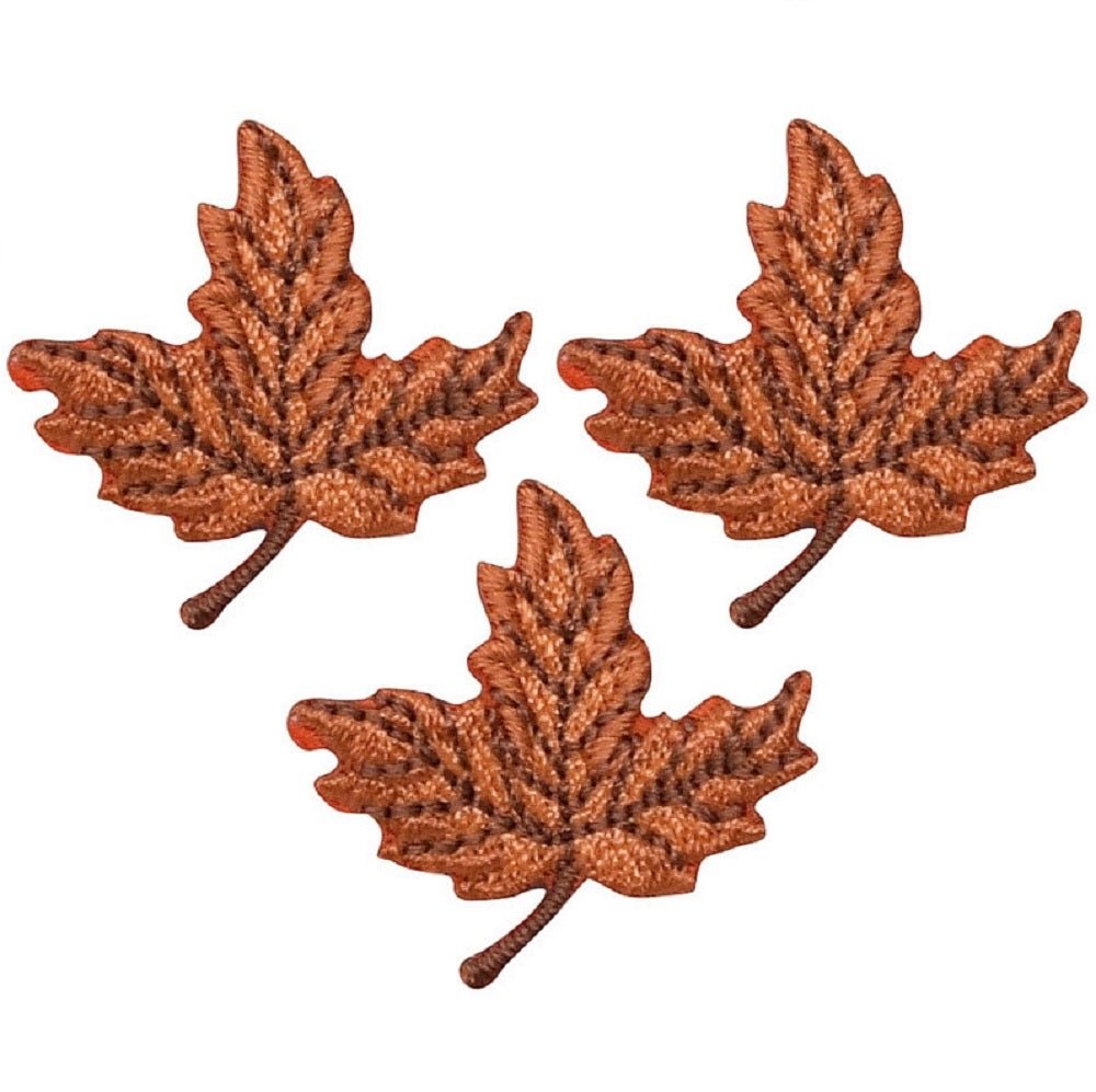 Mini Leaf Embroidered Patch — 3-Pack — Orange & Brown Fall Autumn 1-1/8" — Iron On