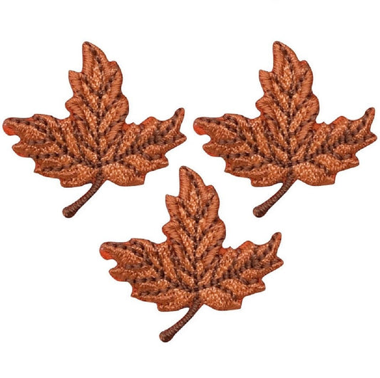 Mini Leaf Embroidered Patch — 3-Pack — Orange & Brown Fall Autumn 1-1/8" — Iron On