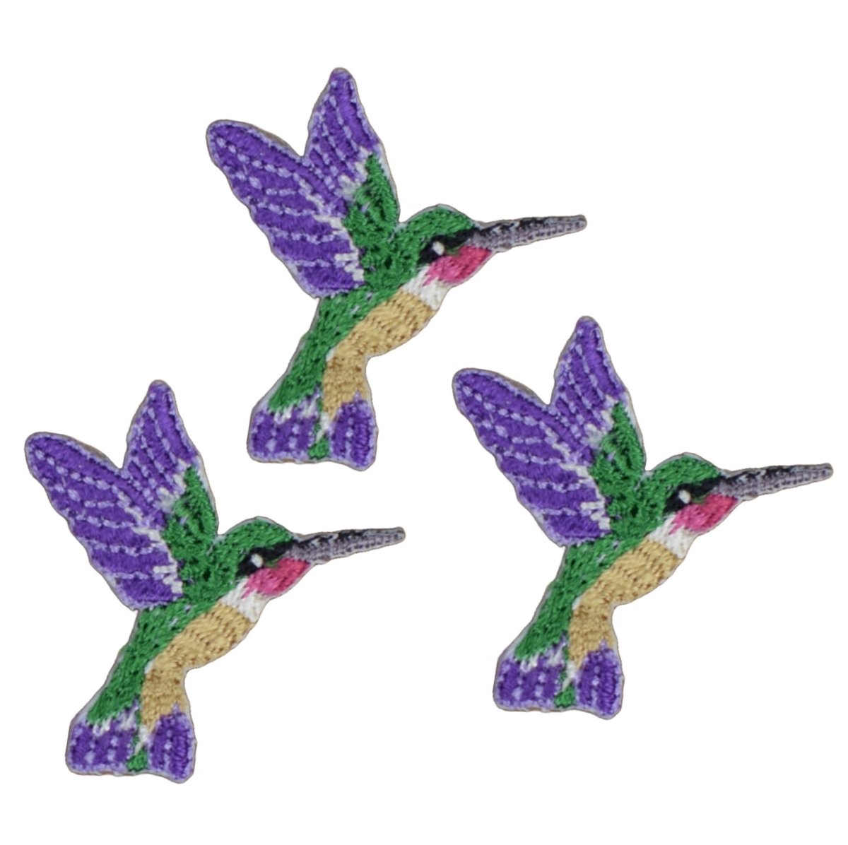 Mini Hummingbird Embroidered Patch — 3-Pack — Facing Right, Purple/Green Bird 1.25" — Iron On