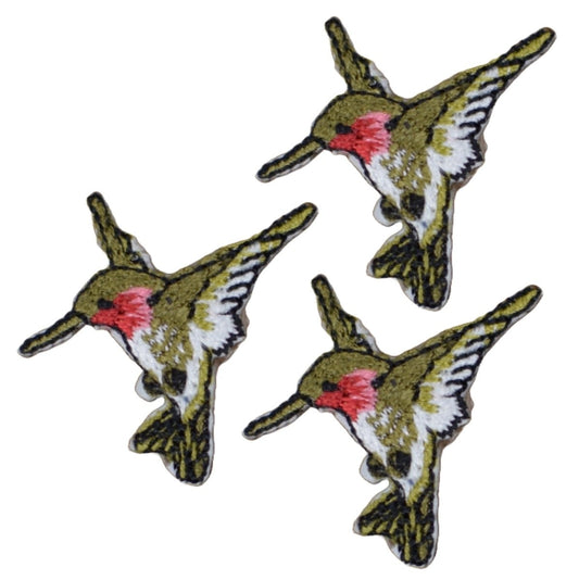 Mini Hummingbird Embroidered Patch — 3-Pack — Facing Left, Pink/Green Bird Badge 1.25" — Iron On