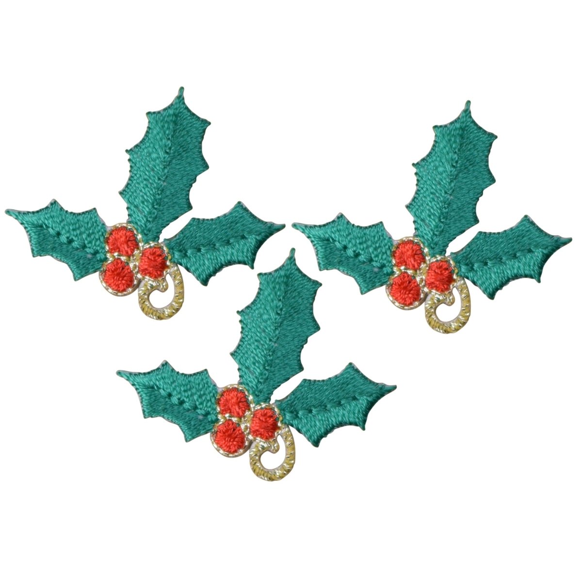 Mini Christmas Holly Embroidered Patch — 3-Pack — Iron On 1-3/8"
