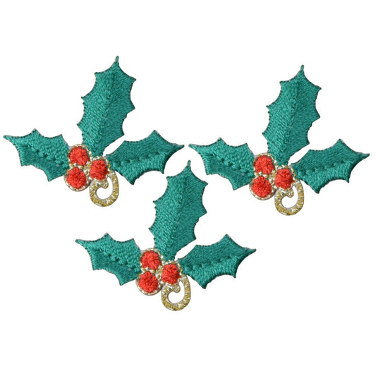Mini Christmas Holly Embroidered Patch — 3-Pack — Iron On 1-3/8"