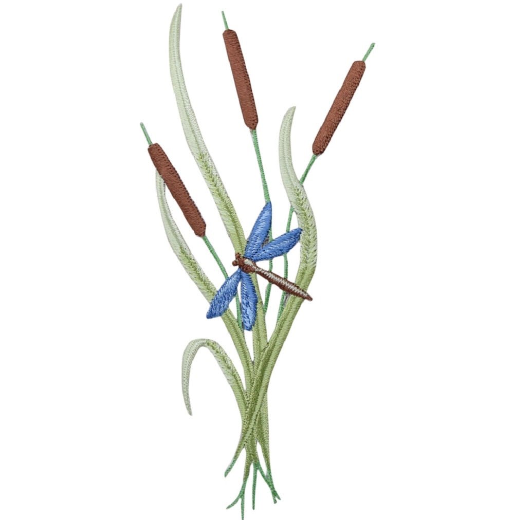 Cattails, Grass, Dragonfly Embroidered Patch — Iron On 6"