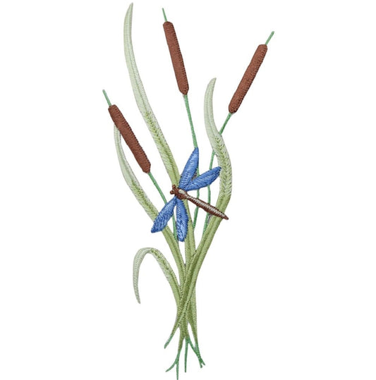 Cattails, Grass, Dragonfly Embroidered Patch — Iron On 6"