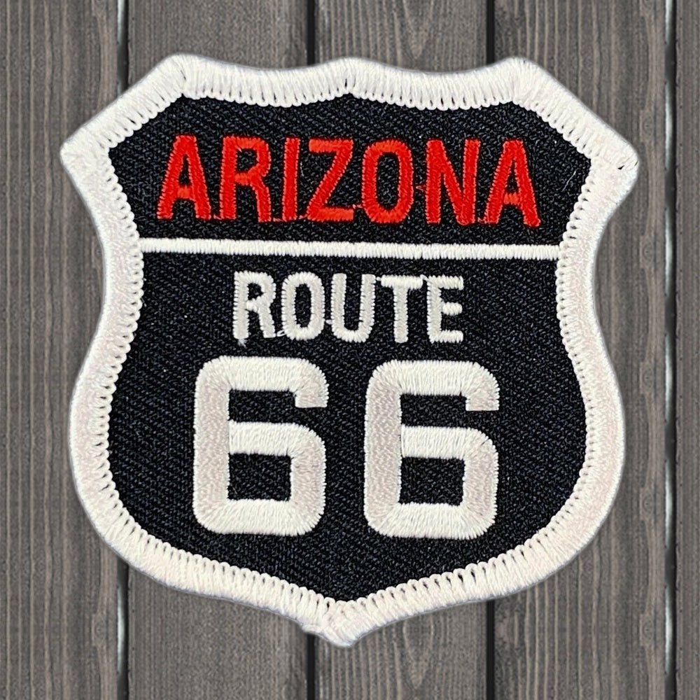 Arizona Route 66 Embroidered Patch - Highway Sign Badge, 2.5" - Iron On - wood background