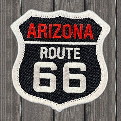 Arizona Route 66 Embroidered Patch - Highway Sign Badge, 2.5" - Iron On - wood background