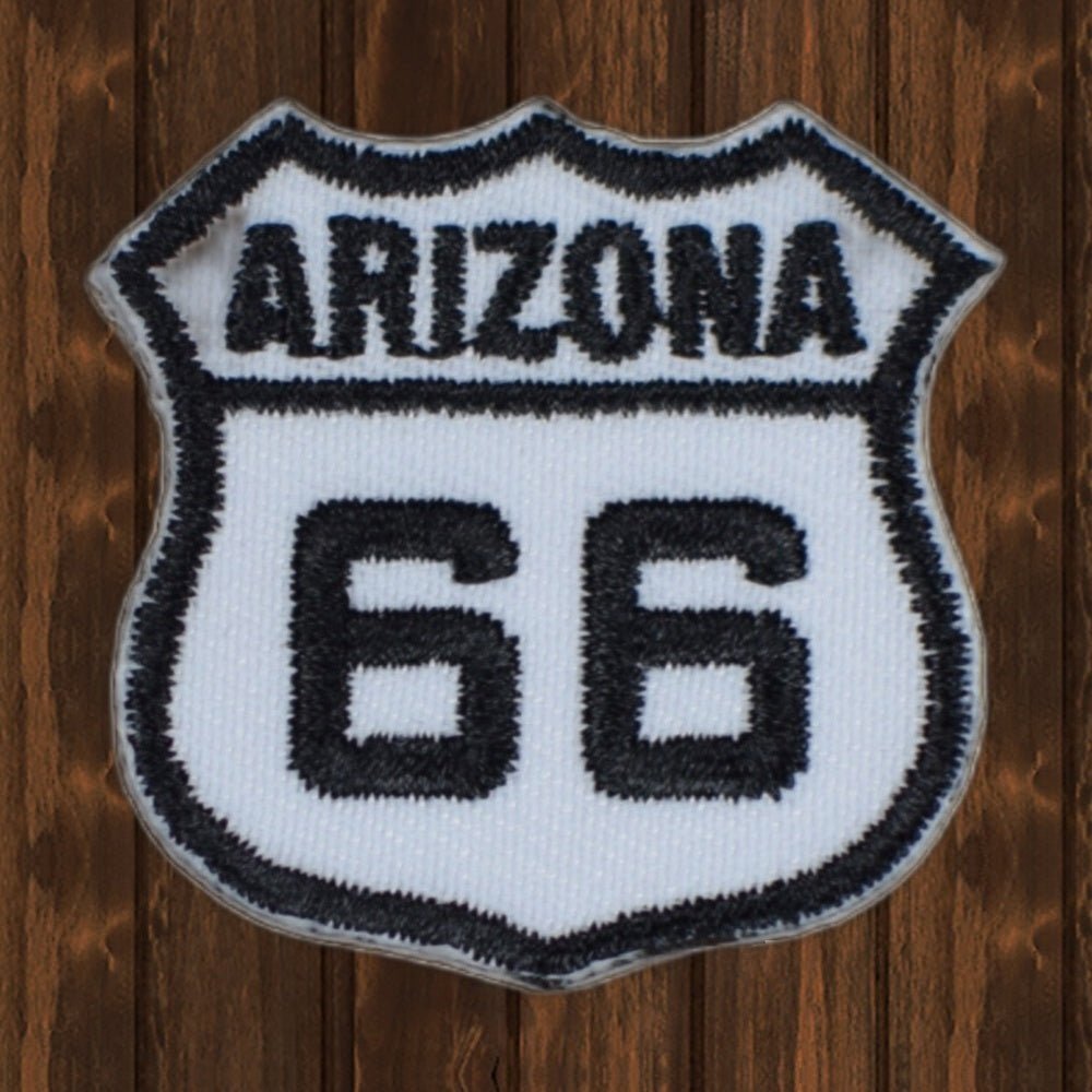 Arizona Route 66 Embroidered Patch - 1-3/8" - Iron On - wood background