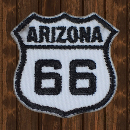 Arizona Route 66 Embroidered Patch - 1-3/8" - Iron On - wood background