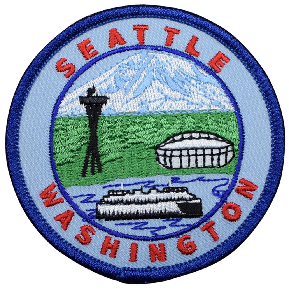 Seattle Embroidered Patch — Washington Ferry, Mt Rainier, Needle, Football Stadium 3" — Iron On