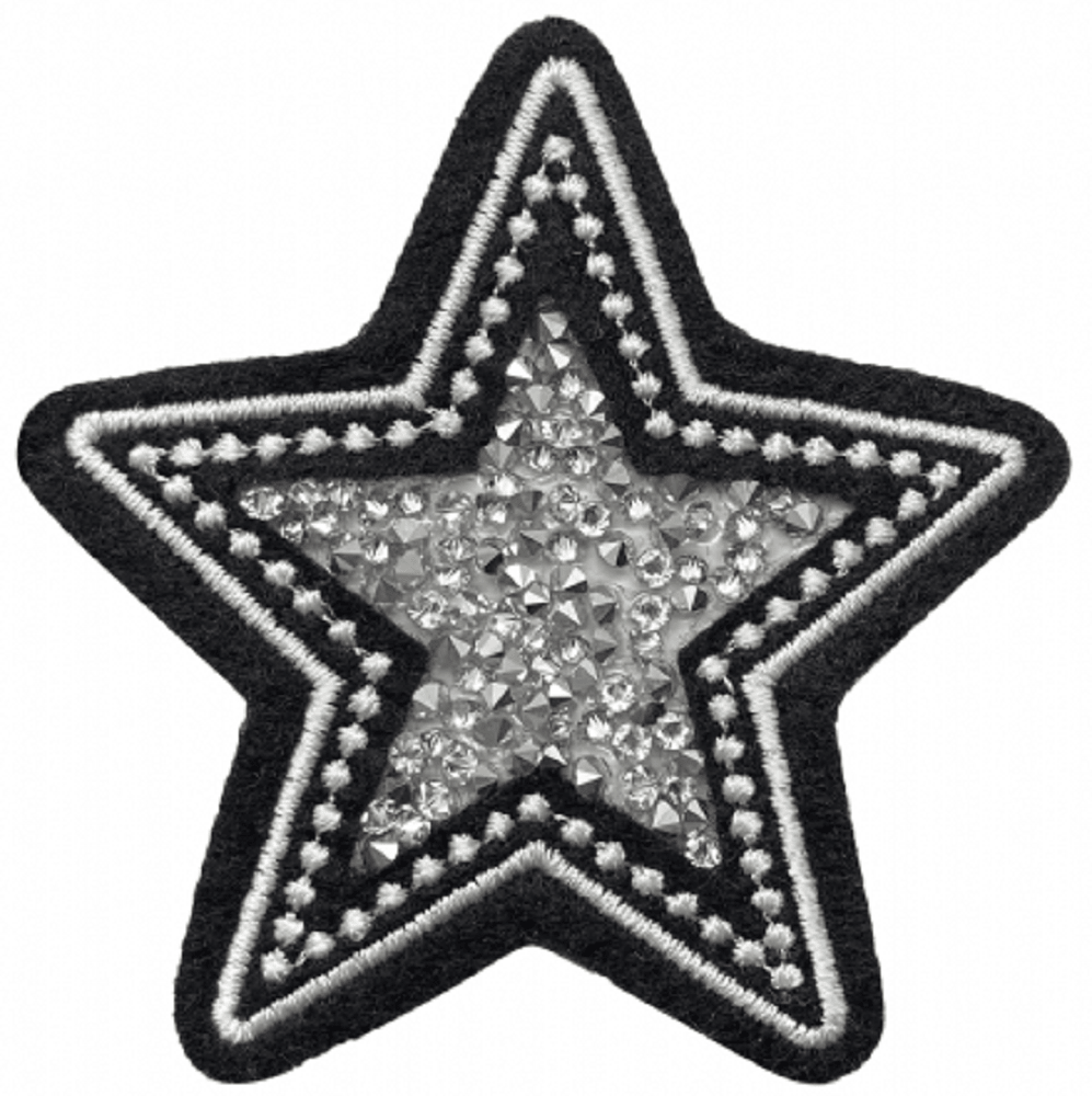 Crushed Crystal Star, Embroidered Patch, Black White & Silver  - Iron On 2-7/8"