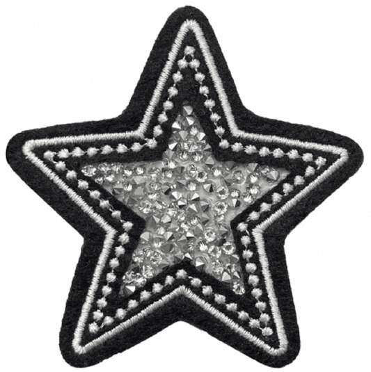 Crushed Crystal Star, Embroidered Patch, Black White & Silver  - Iron On 2-7/8"