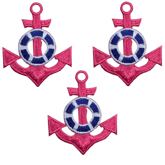 Anchor Embroidered Patch — 3-Pack — Pink Nautical Badge 1.75" — Iron On