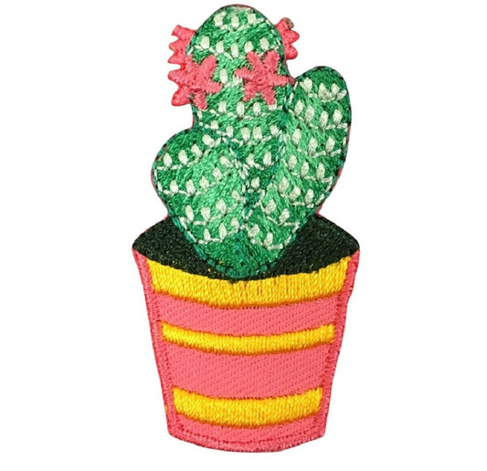 Cactus Embroidered Patch — Pink Flowers 1-7/8" — Iron On