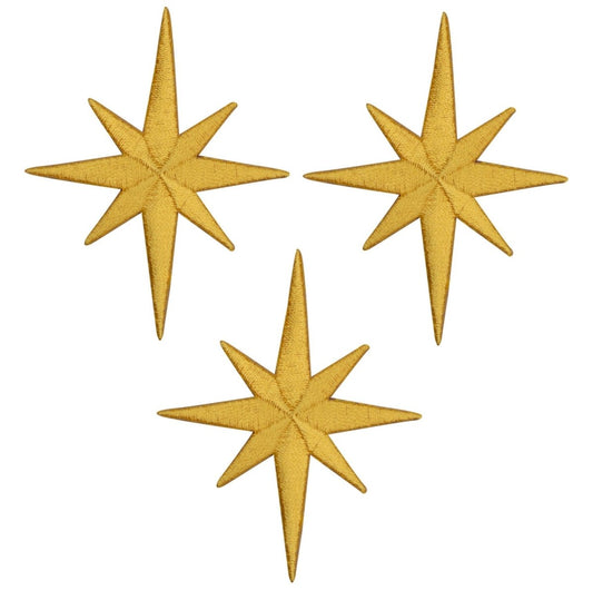Three yellow eight-pointed star patches arranged on a white background.