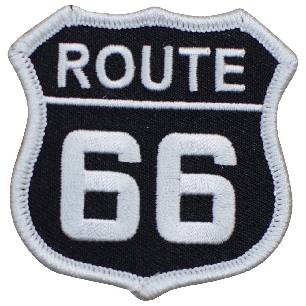 Route 66 Embroidered Patch — White/Black Highway Sign, Rt. 66 Badge 2.5" — Iron On