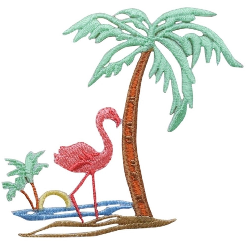 Flamingo Palm Trees Embroidered Patch — Tropical Pink Waterfowl Bird 3.5" — Iron On