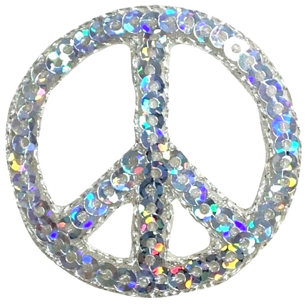 Peace Sign Embroidered Patch — Sequin, Silver Hippie Badge 1.5" — Iron On
