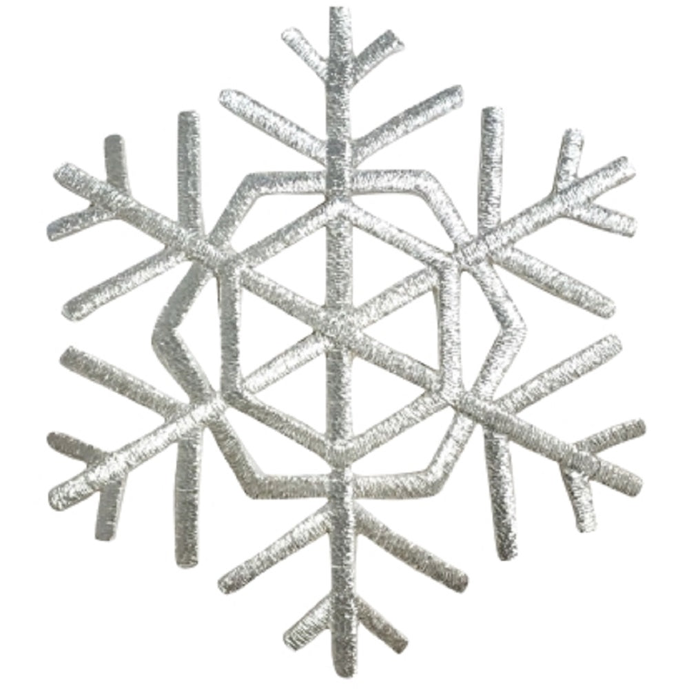 Snowflake Embroidered Patch — Snow, Winter, Metallic Silver Badge 3.25" — Iron On