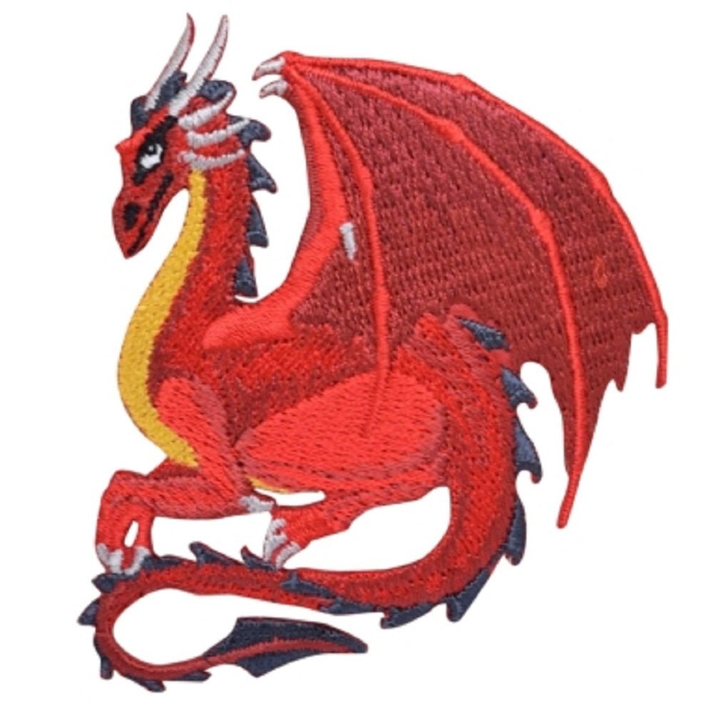 Fantasy Dragon Embroidered Patch — Red Facing Left 3" — Iron On