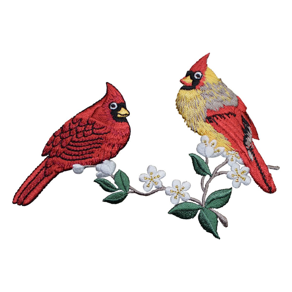 Two Cardinal Birds Embroidered Patch — Branch, Flowers 5.25" — Iron On