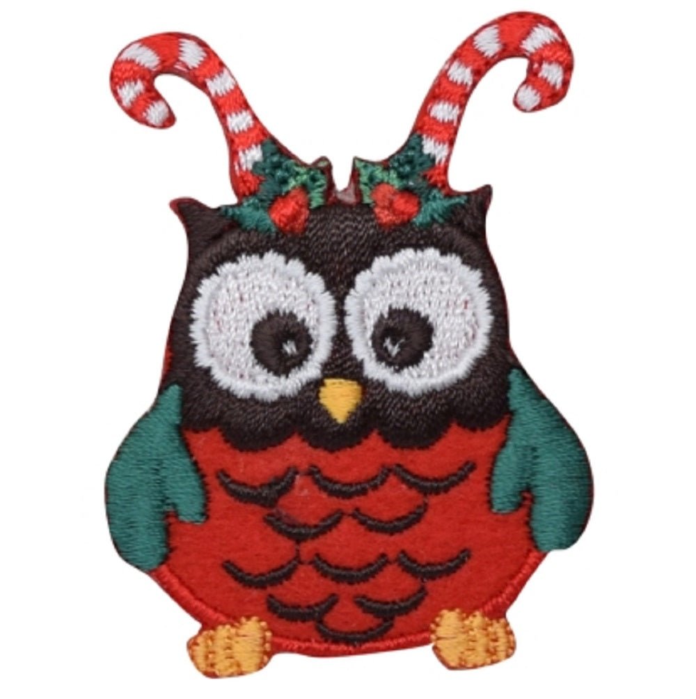 Christmas Owl Embroidered Patch — Candy Cane Antlers 2-3/8" — Iron On