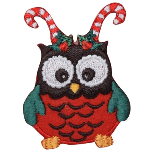 Christmas Owl Embroidered Patch — Candy Cane Antlers 2-3/8" — Iron On
