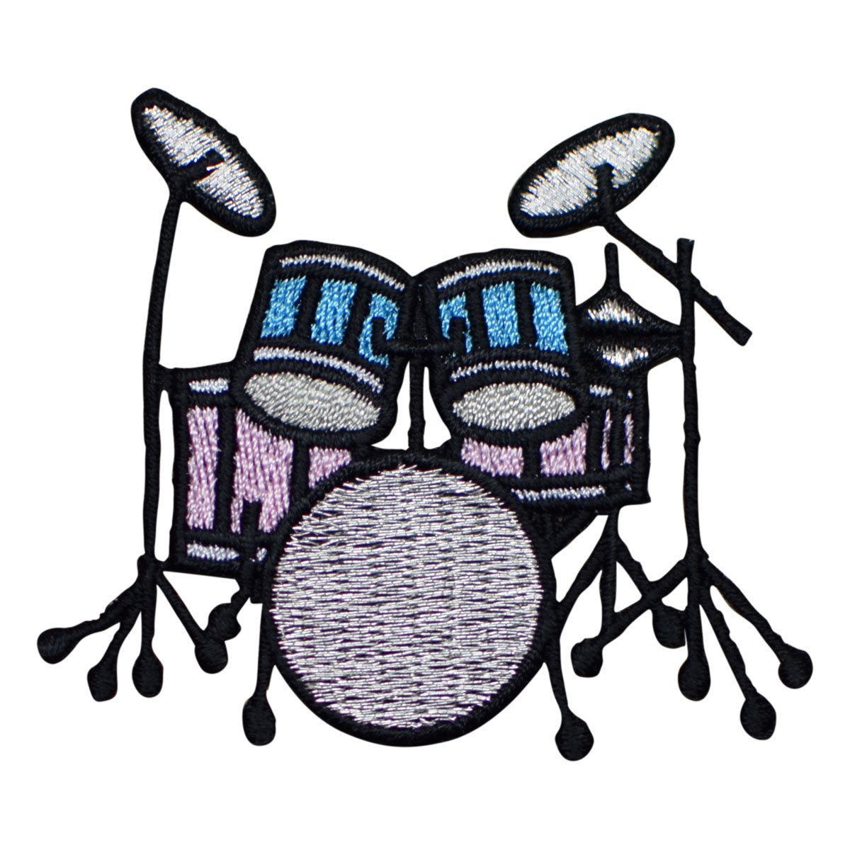 Drum Set Embroidered Patch - Blue/Pink - Iron On 2.5"
