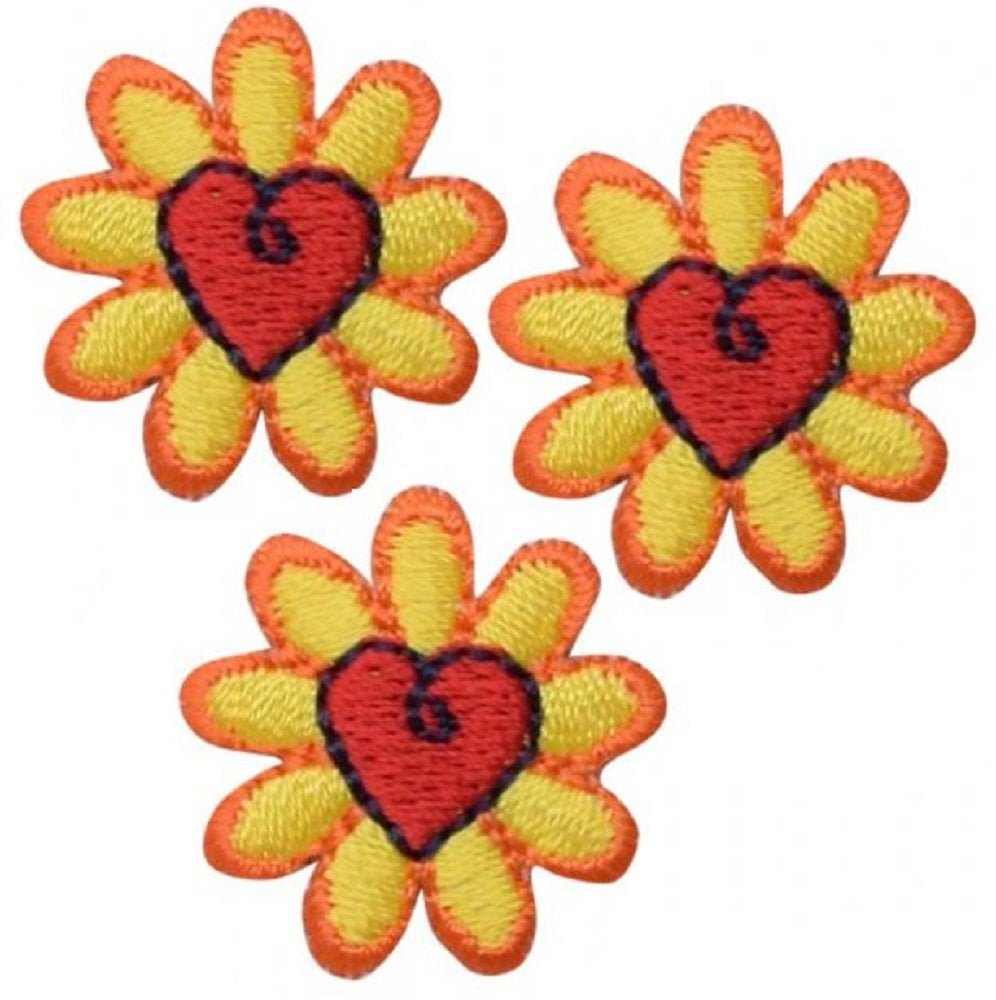 Daisy Embroidered Patch — 3-Pack — Flower, Heart Badge 1" — Iron On