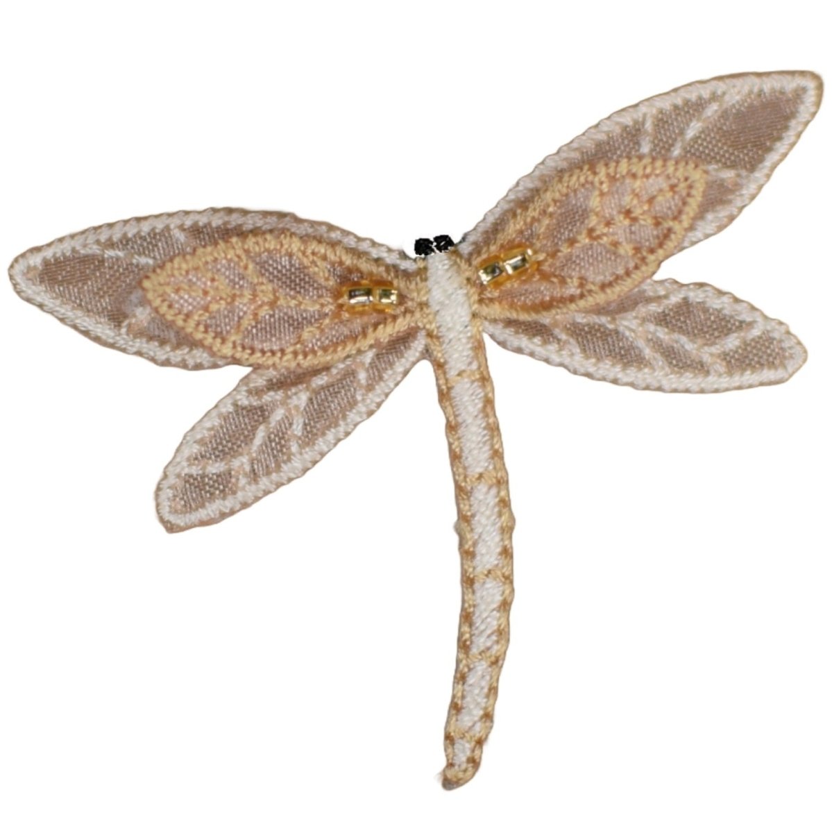 Dragonfly Embroidered Patch — Gold, Beige, Layered Insect, Bug Badge 2" — Iron On